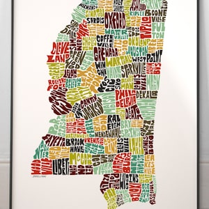 Mississippi map art, Mississippi art print, signed print of my original hand drawn Mississippi map art