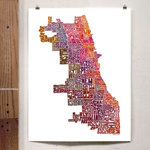 Chicago neighborhood map art print, Signed print of my original hand drawn Chicago typography map art Red Tones