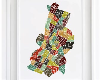 Austin neighborhood map art print, signed print of my original hand-drawn Austin typography map art, many colors available