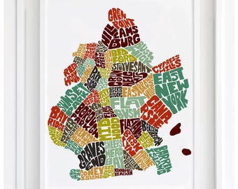 Brooklyn neighborhood map art print, signed print of my original hand-drawn Brooklyn typography map art, many colors available