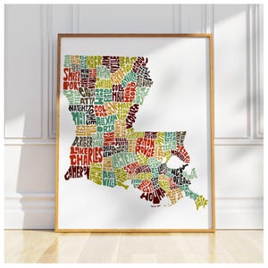 Louisiana map art, Louisiana art print, signed print of my original hand drawn Louisiana map art