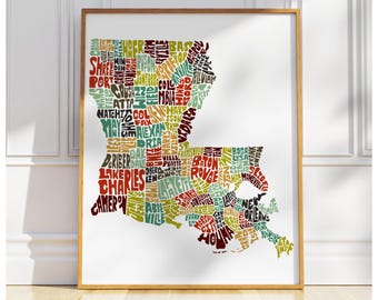 Louisiana map art, Louisiana art print, signed print of my original hand drawn Louisiana map art