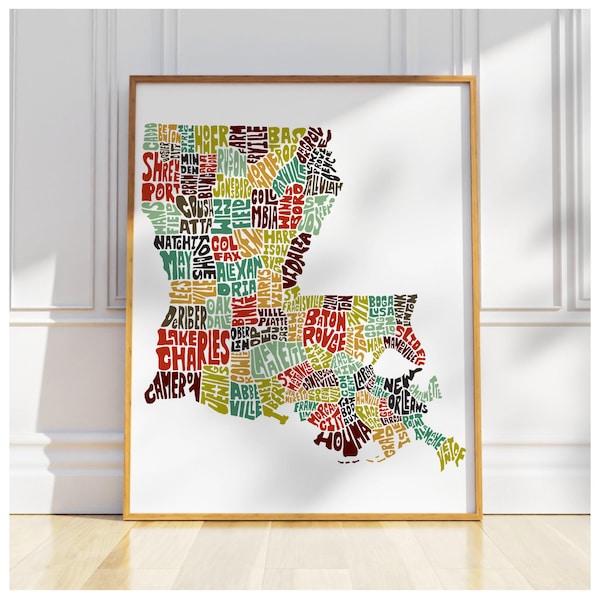 Louisiana map art, Louisiana art print, signed print of my original hand drawn Louisiana map art