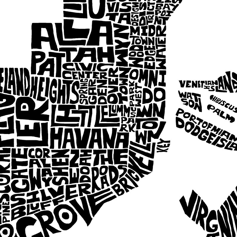 Miami neighborhoods map art decor Gallery wrapped canvas print of my hand drawn Miami artwork \u2013 several sizes and color options available