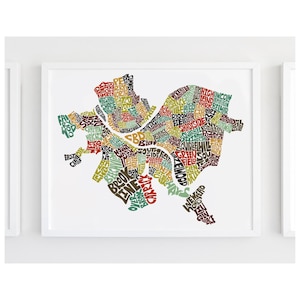 Pittsburgh neighborhood map art print, signed print of my original hand-drawn Pittsburgh typography map art, many colors available