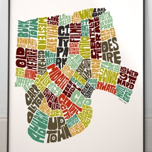 New Orleans neighborhood map print, Signed print of my original hand drawn New Orleans typography map art