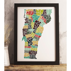 Vermont art print FRAMED, Vermont map art, available in several colors and sizes, Vermont decor, Vermont wall art