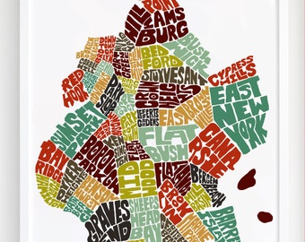 Brooklyn neighborhood map print, Signed print of my original hand drawn Brooklyn typography map art