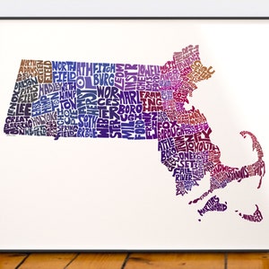 Massachusetts map art, Massachusetts art print, signed print of my original hand drawn Massachusetts map art Purple Tones (pic 6)