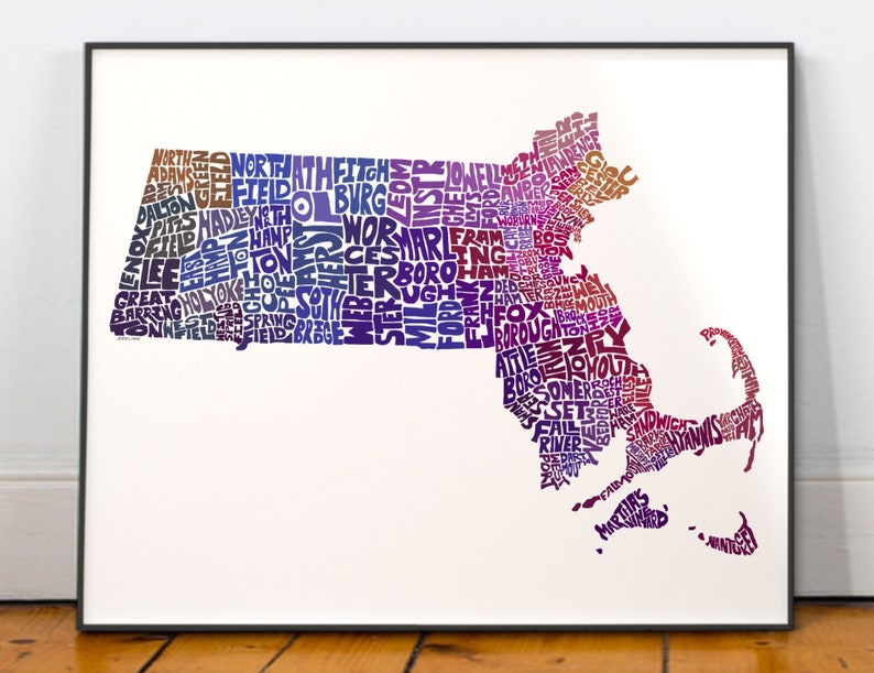Massachusetts map art, Massachusetts art print, signed print of my original hand drawn Massachusetts map art Purple Tones (pic 6)
