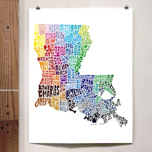 Louisiana map art, Louisiana art print, signed print of my original hand drawn Louisiana map art Rainbow