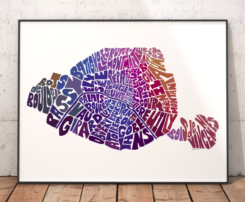 Paris art print signed print of my original hand drawn Paris typography map art Paris map art