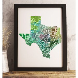 Texas art print FRAMED, Texas map art, available in several colors and sizes, Texas decor, Texas wall art Green Tones