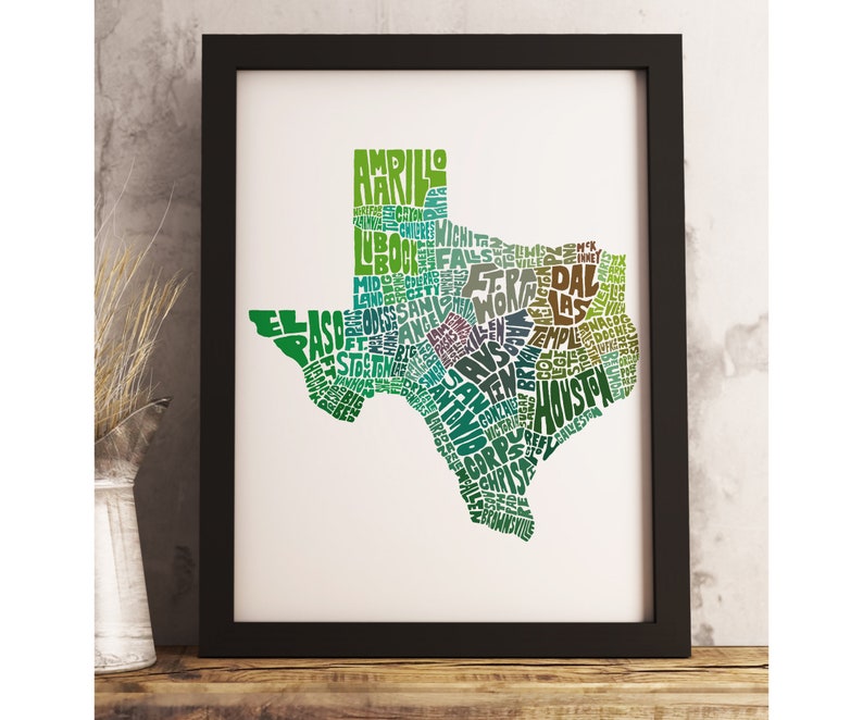 Texas art print FRAMED, Texas map art, available in several colors and sizes, Texas decor, Texas wall art Green Tones