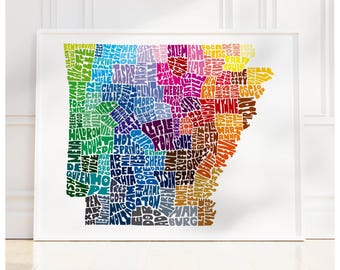 Arkansas map art, Arkansas art print, print of my original hand drawn Arkansas typography art, Arkansas gift, multiple colors available