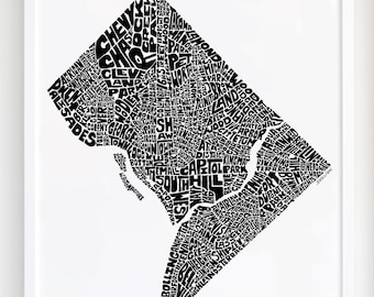 Washington DC neighborhoods map art, Washington DC map print, Print of my original hand-inked Washington DC typography illustration