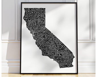 California map art, California art print, print of my original hand drawn California typography, California decor, multiple colors available