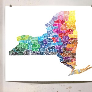New York map art, New York art print, print of my original hand drawn New York typography art, New York gift, multiple colors available Rainbow