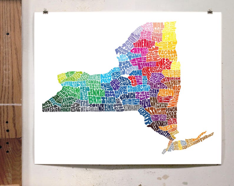 New York map art, New York art print, print of my original hand drawn New York typography art, New York gift, multiple colors available Rainbow