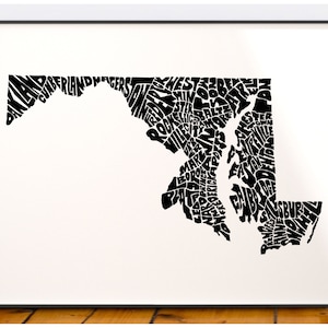 Maryland map art, Maryland map print, Maryland art print, Print of my original hand-inked Maryland typography illustration