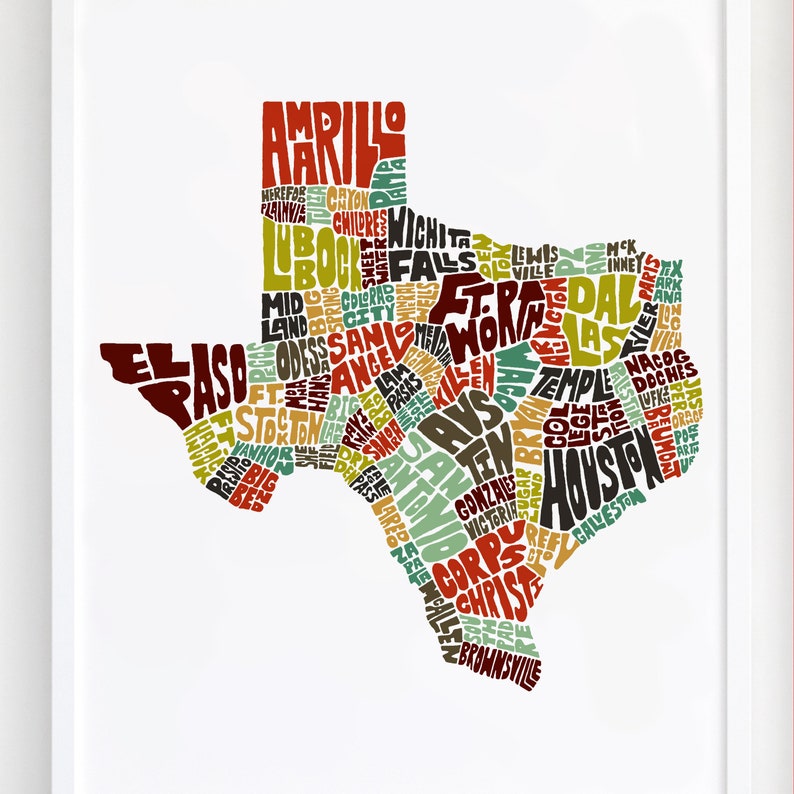 Texas map art, Texas art print, signed print of my original hand drawn Texas map art image 1