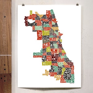 Chicago neighborhood map art print, Signed print of my original hand drawn Chicago typography map art Earth Tones