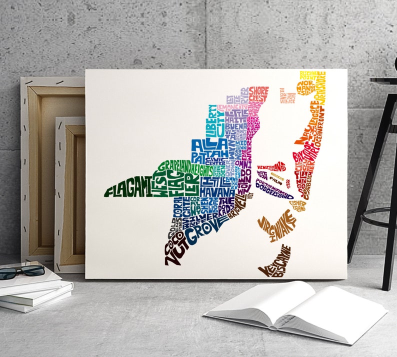 Miami neighborhoods map art decor Gallery wrapped canvas print of my hand drawn Miami artwork \u2013 several sizes and color options available