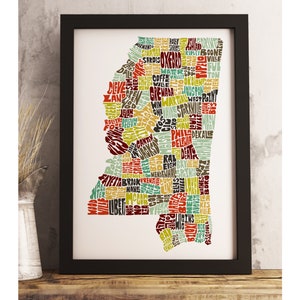 Mississippi art print FRAMED, Mississippi map art, available in several colors and sizes, Mississippi decor, Mississippi wall art