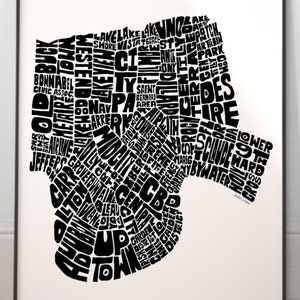 New Orleans neighborhoods map art, New Orleans map print, New Orleans art print, Print of my original hand-inked New Orleans typography art