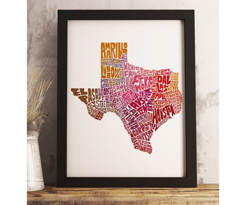 Texas art print FRAMED, Texas map art, available in several colors and sizes, Texas decor, Texas wall art Red Tones