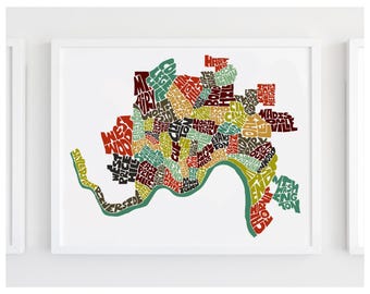 Cincinnati neighborhood map art print, signed print of my original hand-drawn Cincinnati typography map art, many colors available