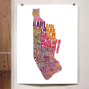 Manhattan neighborhood map print, Manhattan art print, signed print of original hand-drawn Manhattan typography art, many colors available Red Tones