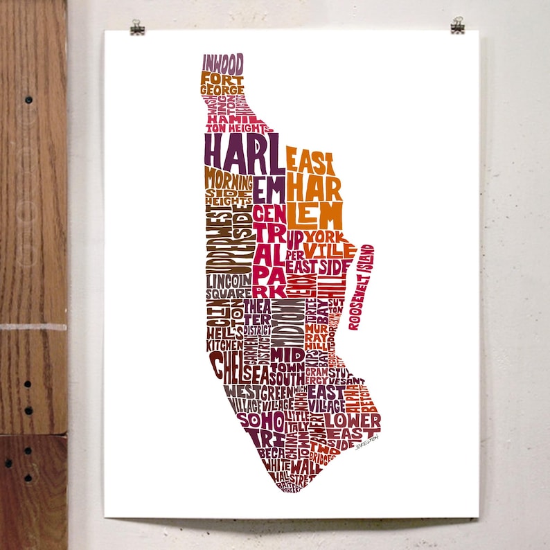 Manhattan neighborhood map print, Manhattan art print, signed print of original hand-drawn Manhattan typography art, many colors available Red Tones