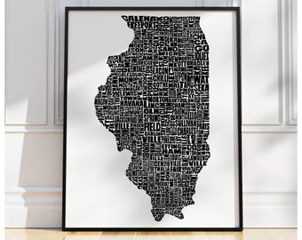 Illinois map art, Illinois art print, print of my original hand drawn Illinois typography, Illinois decor, multiple colors available