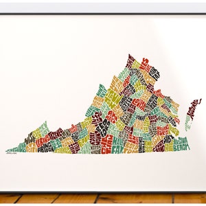 Virginia map art, Virginia art print, signed print of my original hand drawn Virginia map art