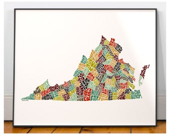 Virginia map art, Virginia art print, signed print of my original hand drawn Virginia map art
