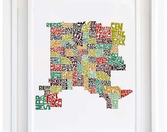 Denver neighborhood map art print, signed print of my original hand-drawn Denver typography map art, many colors available