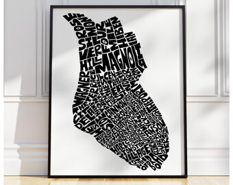 Charleston neighborhood map print, Charleston art print, signed print of my original hand-drawn Charleston typography map art, many colors