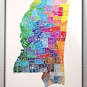 Mississippi map art, Mississippi art print, signed print of my original hand drawn Mississippi map art