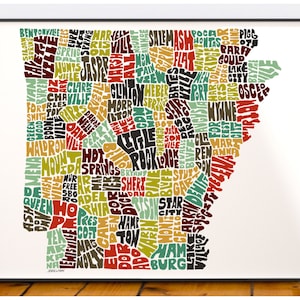 Arkansas map art, Arkansas art print, signed print of my original hand drawn Arkansas map art