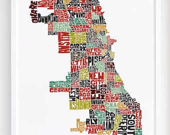 Chicago neighborhood map print, Signed print of my original hand drawn Chicago typography map art