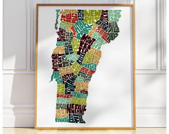 Vermont map art, Vermont art print, signed print of my original hand drawn Vermont typography art