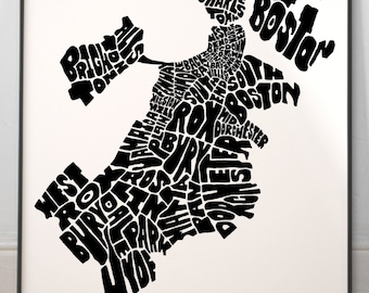 Boston neighborhoods map art, Boston map print, Boston art print, Print of my original hand-inked Boston typography illustration