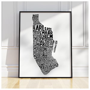 Manhattan neighborhood map print, Manhattan art print, signed print of original hand-drawn Manhattan typography art, many colors available image 1