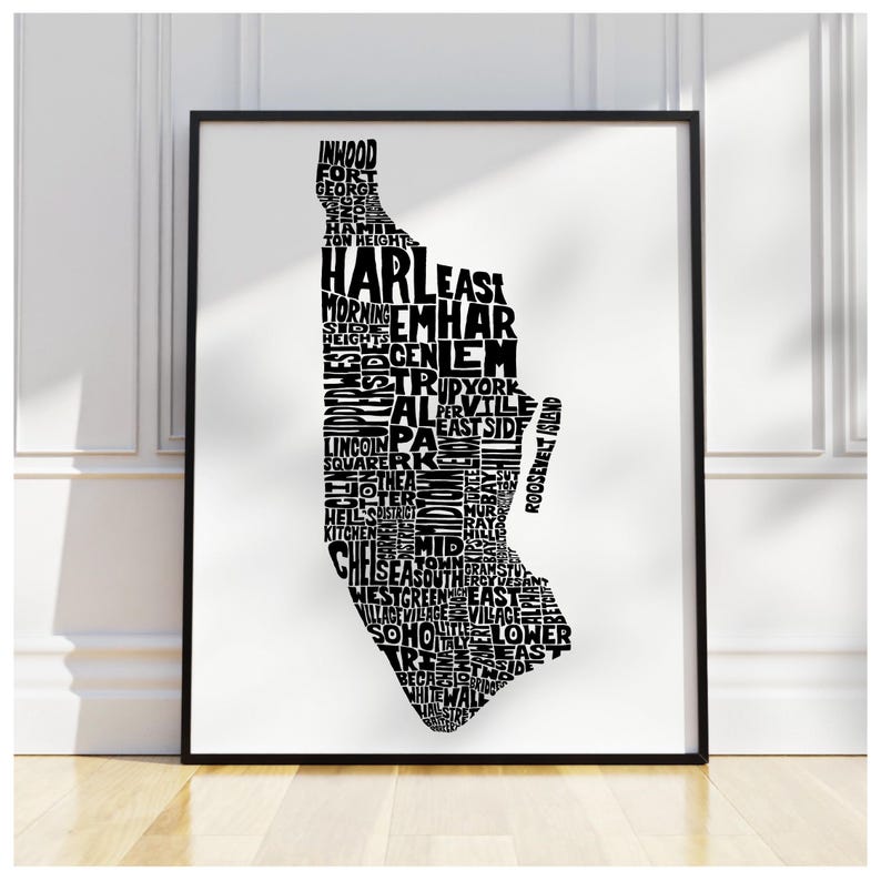 Manhattan neighborhood map print, Manhattan art print, signed print of original hand-drawn Manhattan typography art, many colors available image 1