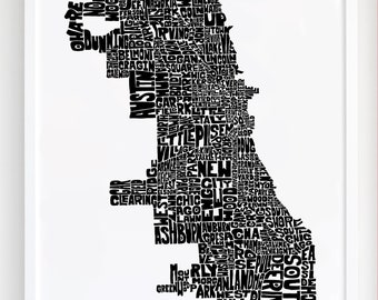 Chicago neighborhoods map art, Chicago map print, Chicago art print, Print of my original hand-inked Chicago typography illustration