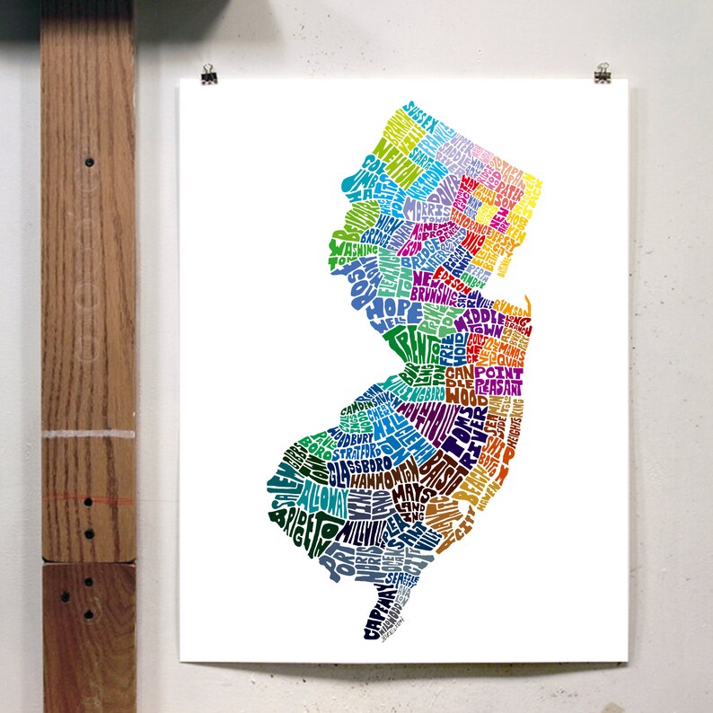 New Jersey map art, New Jersey art print, signed print of my original hand drawn New Jersey map art Rainbow