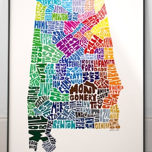 Alabama map art, Alabama art print, signed print of my original hand drawn Alabama map art