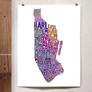 Manhattan neighborhood map print, Manhattan art print, signed print of original hand-drawn Manhattan typography art, many colors available Purple Tones