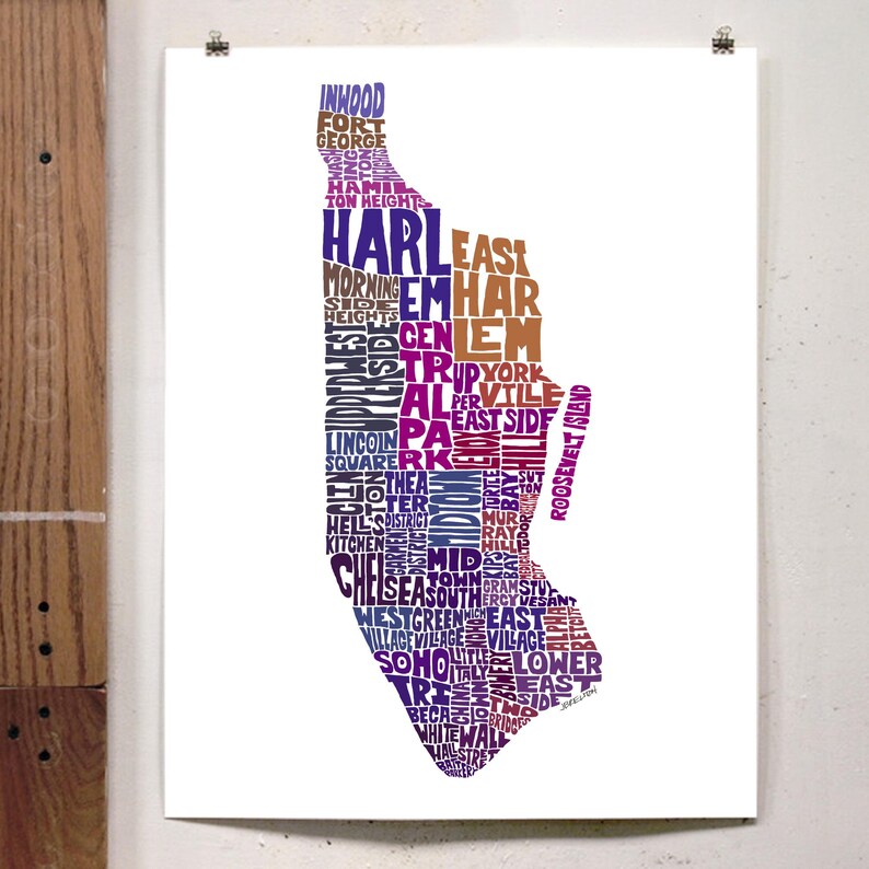 Manhattan neighborhood map print, Manhattan art print, signed print of original hand-drawn Manhattan typography art, many colors available Purple Tones